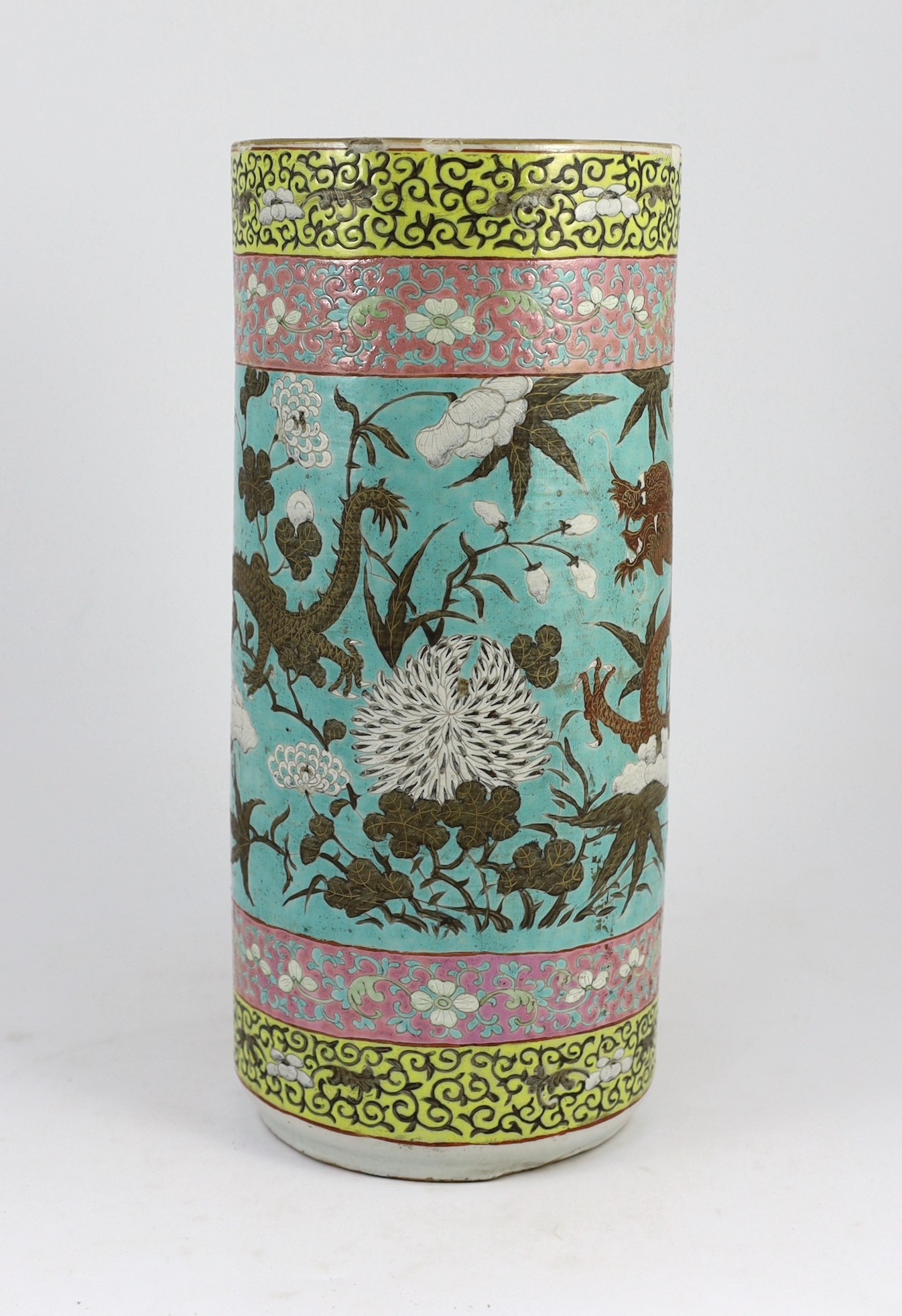 A Chinese enamelled porcelain ‘dragon’ cylindrical vase, late 19th century, 35.5cm high, rim splinter chips